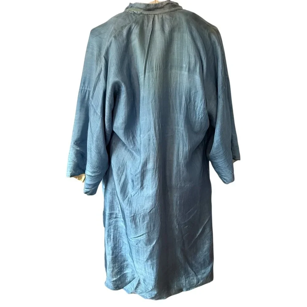 VTG Embroidered Black Silk Robe Floral Asian Design Front Frog Closure Kimono - Picture 13 of 16